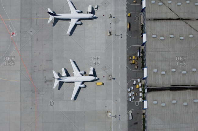 Aerial view of two parked airplanes