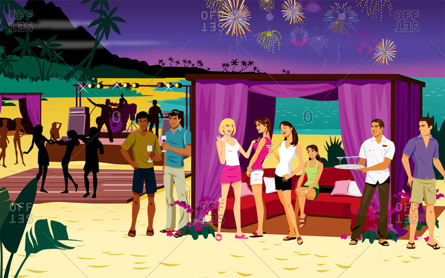 Firework beach party with people by beach tents
