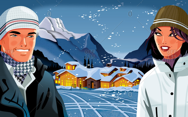 Young man and woman looking at each other with ski lodge in mountain in background