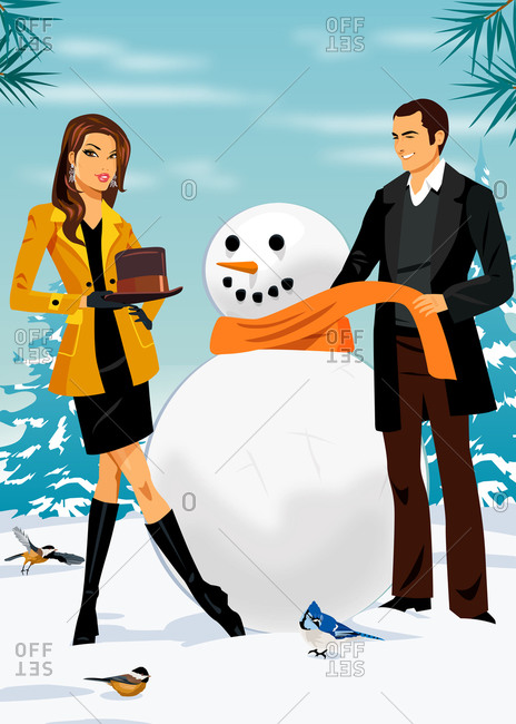 Woman and man outside wrapping scarf and putting hat on snowman