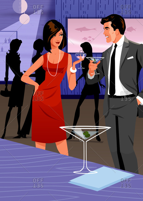 Couple with drinks talking in retro martini bar