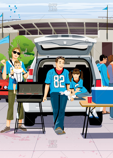Family tailgating with grill and cooler out of the back of SUV in front of stadium