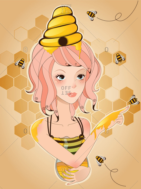 A young woman covered in bees and honey