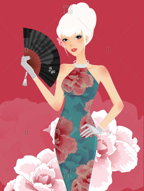 Miss China posing with a hand fan
