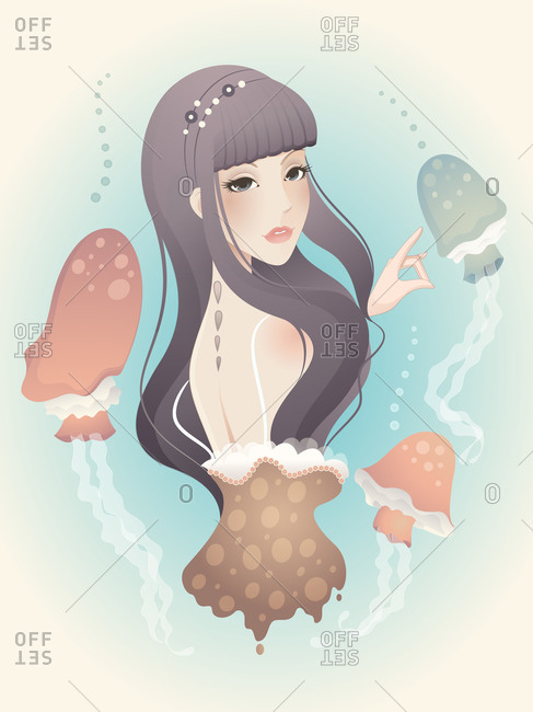 A young woman playing with jellyfish