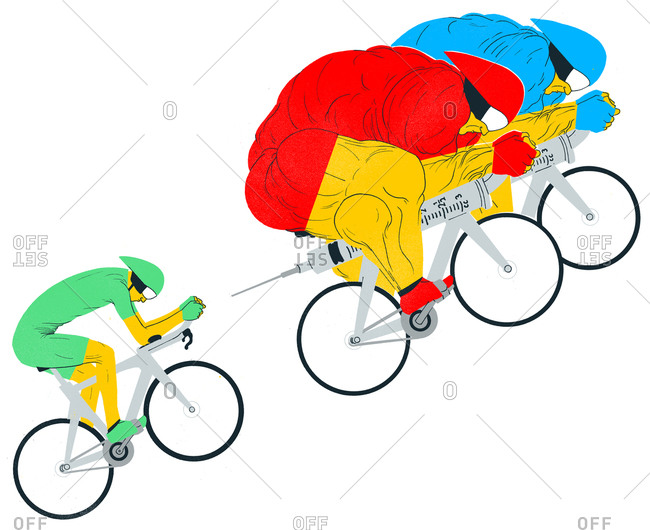Two bulky muscle men cyclists on steroid injection bicycles followed by a healthy cyclist