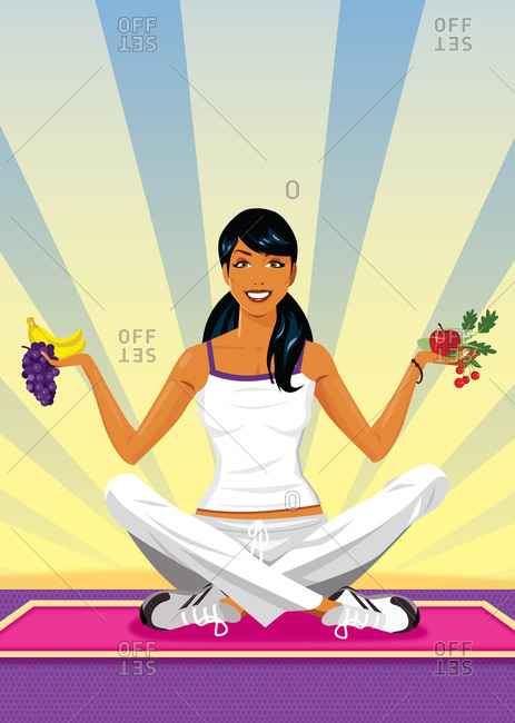 Yoga woman sitting on floor with legs crossed holding fruit and vegetables