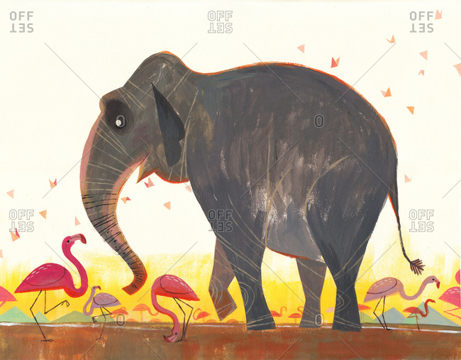 Elephant dancing with flamingos