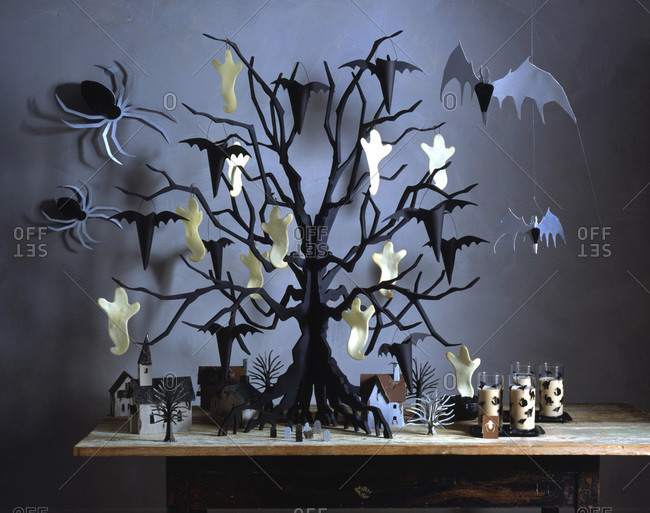 Halloween tree with black and white ornaments