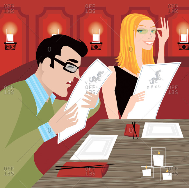Couple with glasses sitting in a Chinese restaurant and reading the menu