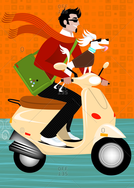 Handsome man on scooter with dog