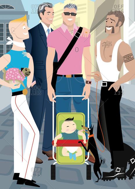 Handsome gay couple with their adopted Asian baby and their stereotypically gay friends