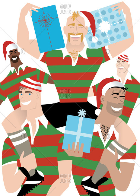 Handsome rugby players holding holiday gifts