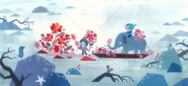 Children with elephant on a boat