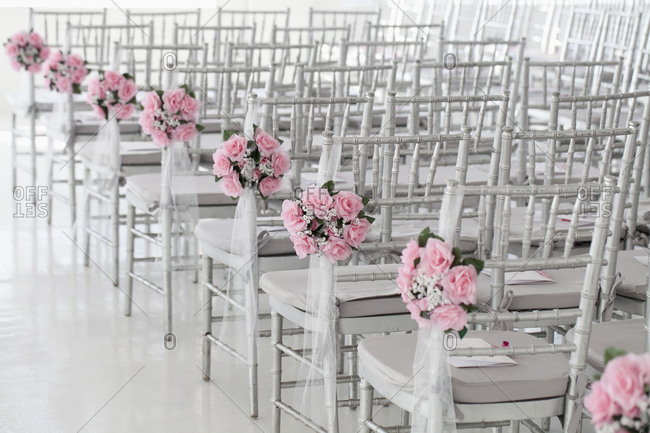 Wedding chairs decorated with pink roses