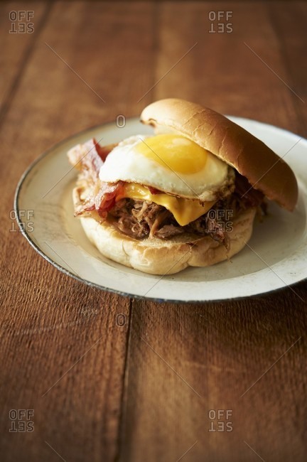 Barbecue Pulled Pork Sandwich with Bacon, American Cheese and a Fried Egg