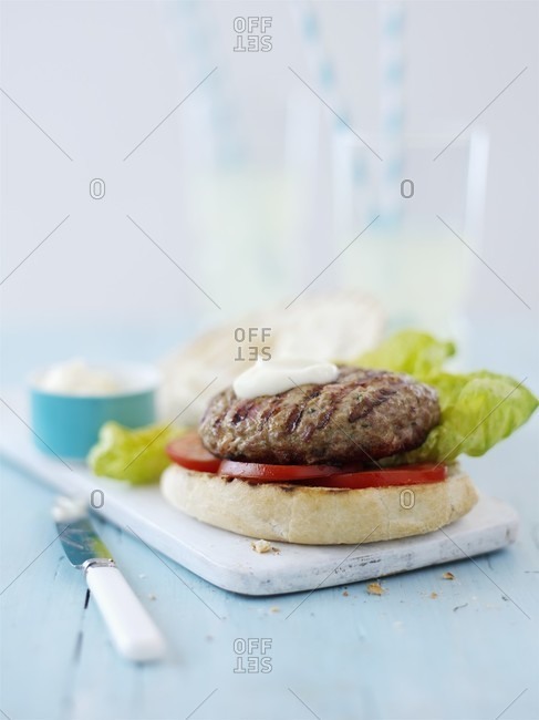 Turkey burger with tomato, lettuce and mayonnaise (Italy)