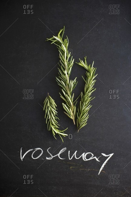 Fresh Rosemary Sprigs on a Chalk Board with the Word \