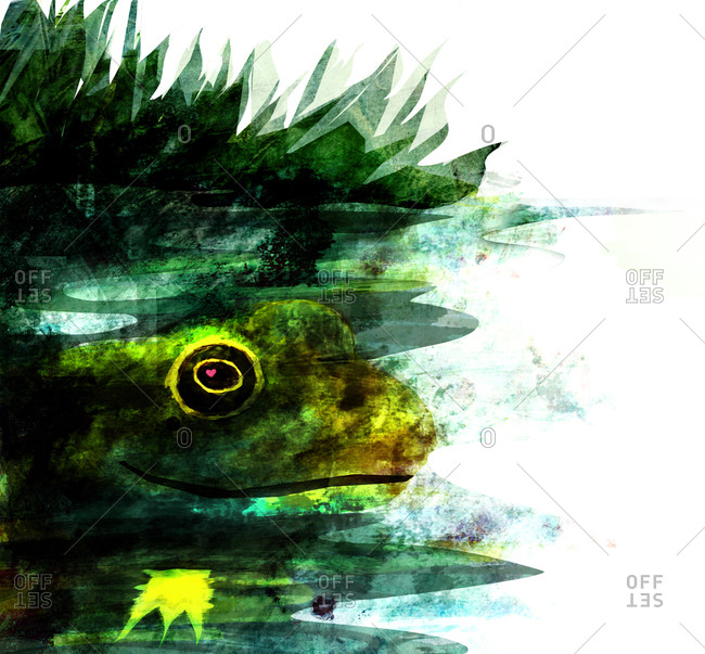 A dark green frog in a blue pond with reeds, a crown is reflected in the water