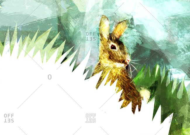 A brown rabbit against a blue sky with green and white cut out grass shapes