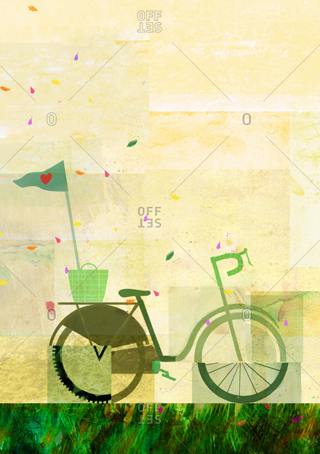 Portrait of a green bicycle with a yellow background and colorful petals