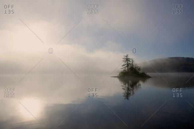 Island in Mist, Smoke Lake, Algonquin Provincial Park, Ontario, Canada