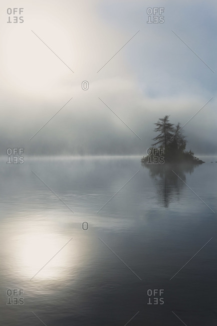 Island in Mist, Smoke Lake, Algonquin Provincial Park, Ontario, Canada