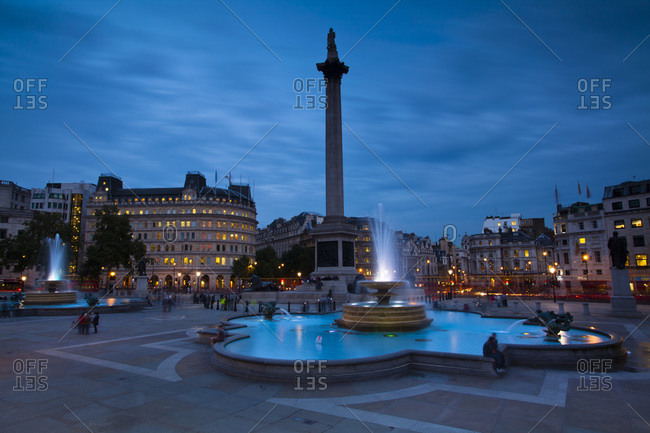 Nelson\'s Column and Water Fountains in Trafalgar Square, Westminster, London, England