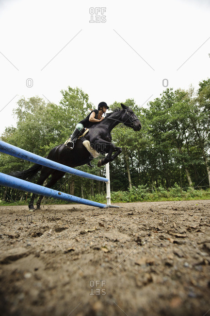 Horse jumping with female horseman