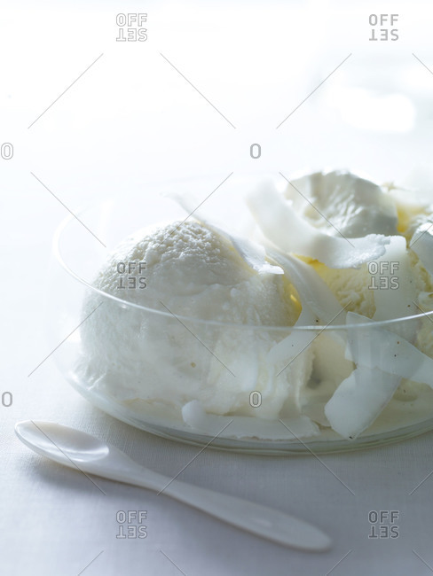 Bowl of coconut ice cream with coconut shavings and an ivory dessert spoon.