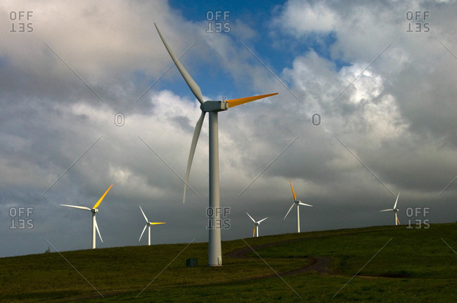 Wind turbines on a hill on the Big Island