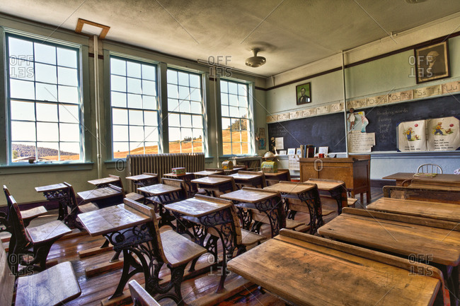 An antique classroom in a ghost mining town.
