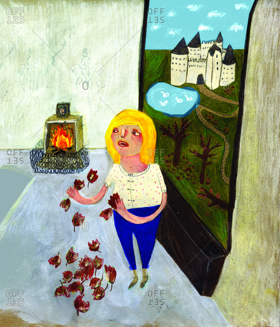 A blonde girl standing by a window in a living room and watching the fireplace