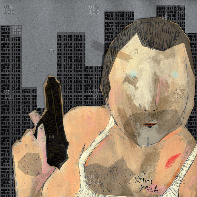 A gangster in white tank top holding a handgun