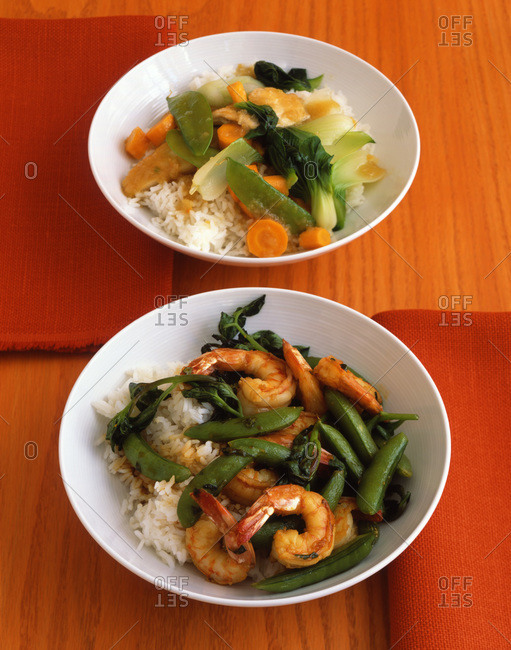 Shrimp and vegetable stir fry with snow peas, carrots, pak choi and jasmine rice