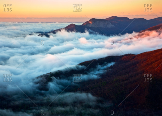 Ground fog in the Mountain Bridge Wilderness Area of South Carolina and Table Rock Mountain as seen from Caesars Head