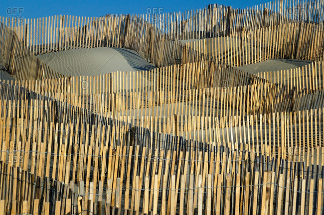 A network of wooden fences makes a pattern on sand dunes by the sea