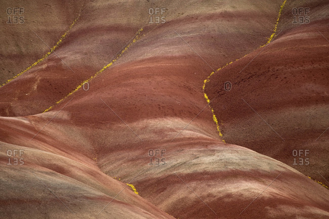 The stratification of ancient volcanic ash color the Painted Hills.