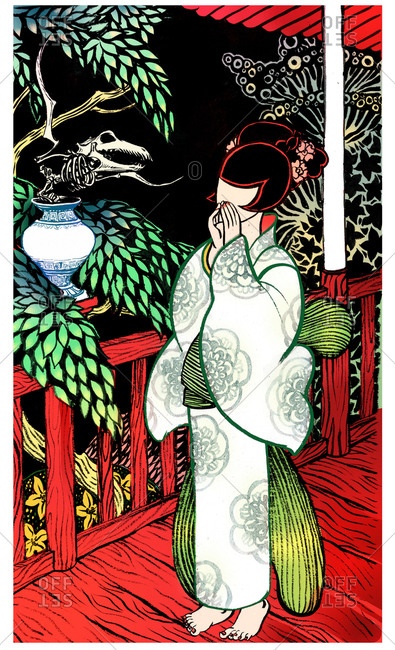 Faceless woman wearing a kimono encounters a skeleton of a bird