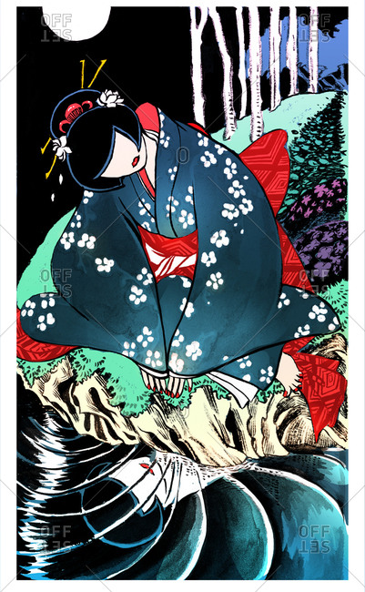 Faceless woman wearing a kimono sitting on the edge of a cliff