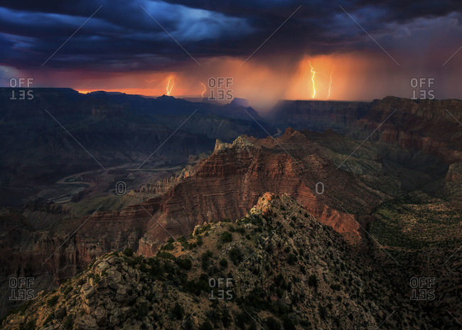 Lightning strikes near the confluence of the Colorado River and the Little Colorado River in the Grand Canyon