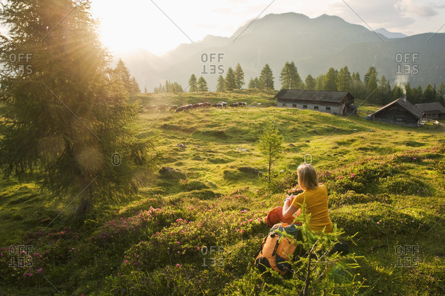 Austria, Salzburg County, Young woman sitting in alpine meadow and watching landscape