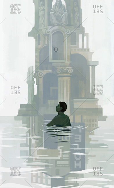 Abstract illustration of a man swimming before an ancient architectural construct that reflects as a modern city in the water.