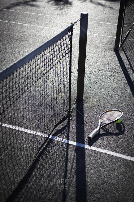 Tennis Racquet and Ball on Court, Vancouver, British Columbia, Canada
