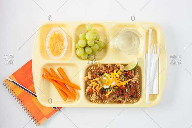Top view of lunch tray with food