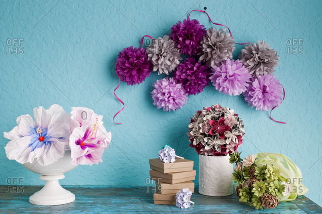 Still-life tissue paper hanging orbs and puff flowers