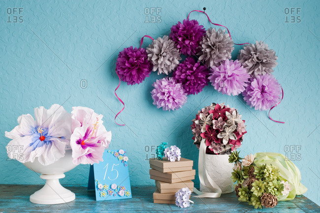 Still-life tissue paper hanging orbs and puff flowers