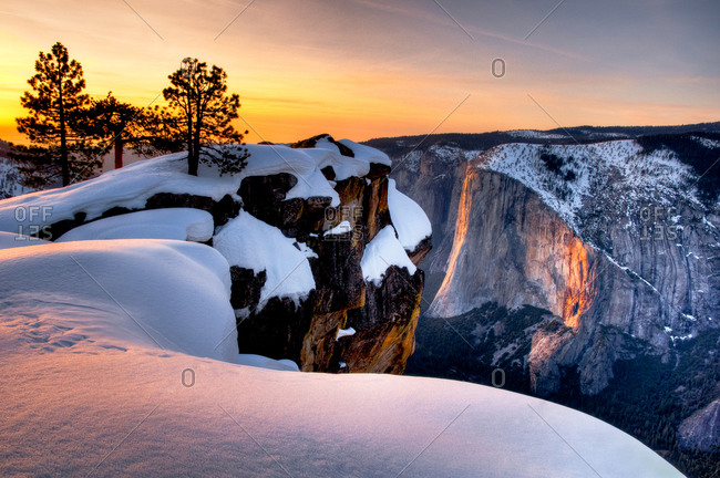 Winter Sunset on Horse Tail Falls from Taft Point, Yosemite National Park, California