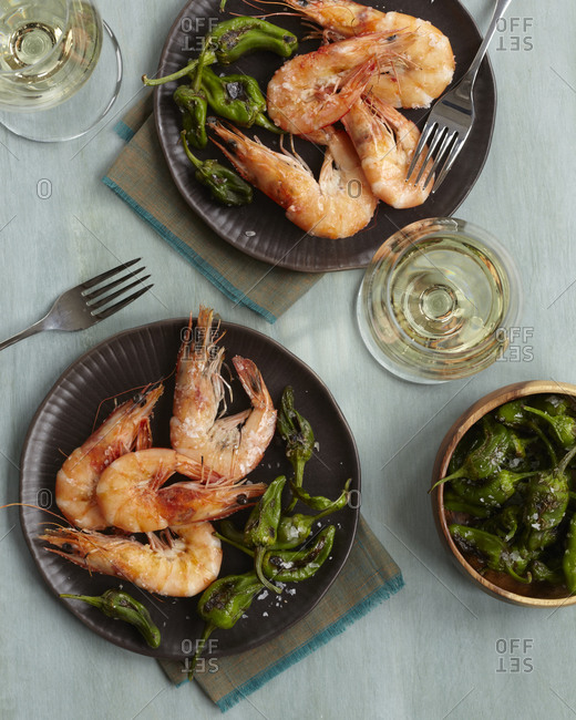 Gambas a la Placha: Grilled Shrimp Tapas served with grilled green chili pepper.