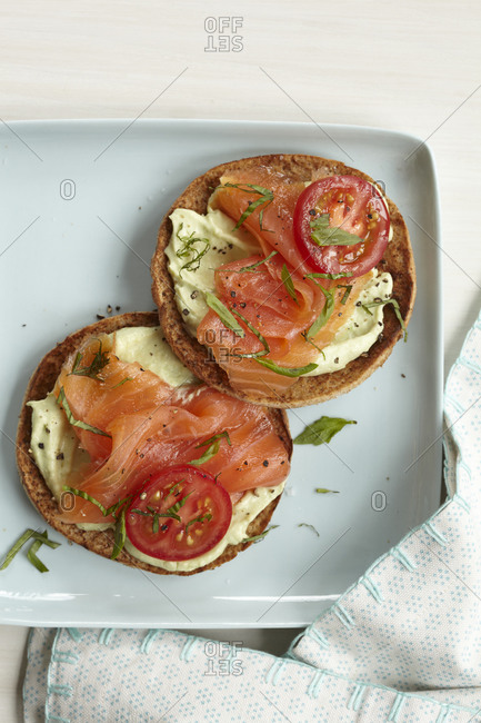 Top view of open-faced lox sandwiches